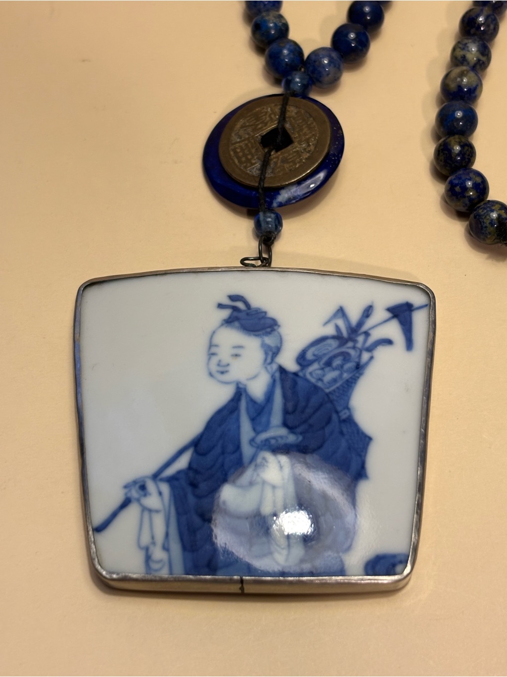 Vintage Ming Dynasty Porcelain Shard Blue Lapis Beaded Necklace 32”